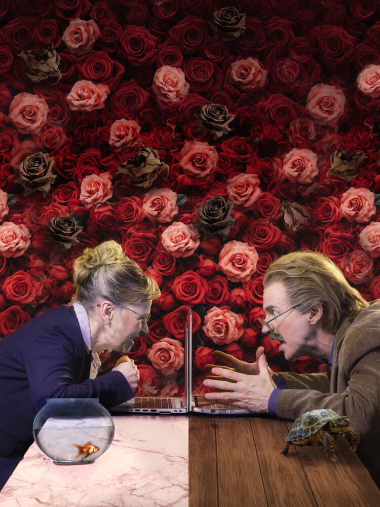 Ett par sitter mittemot varandra, men pratar och tittar på laptopskärmarna framför dem. Väggen bakom dem är täckt av rosor.