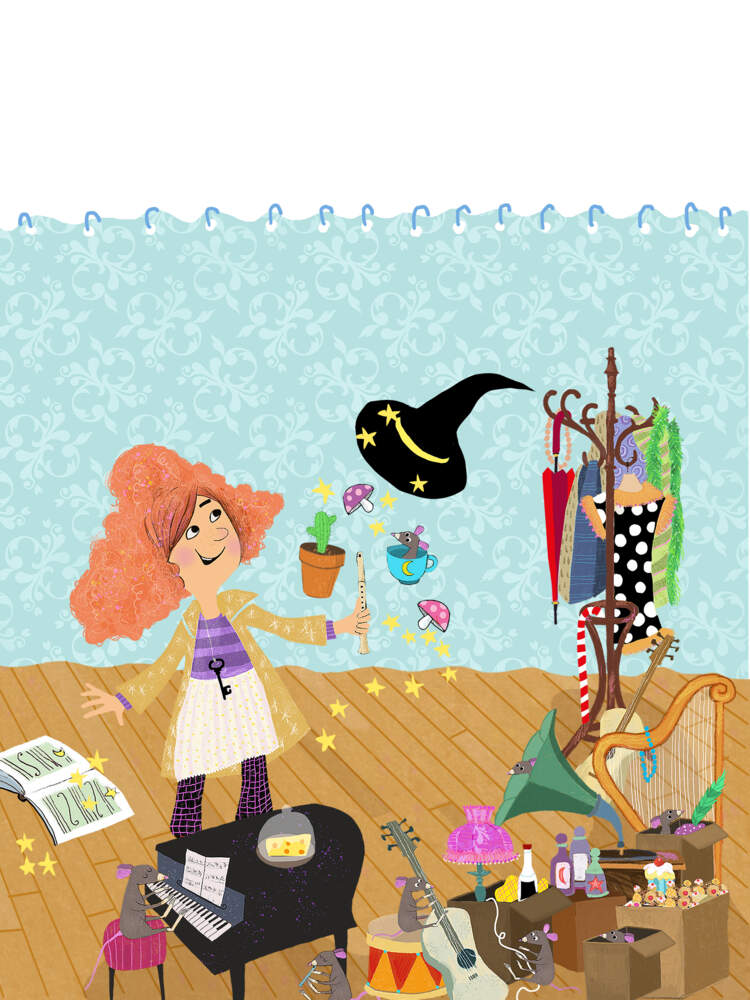 Hillary står bland sina leksaker och musikinstrument, håller en blockflöjt och tittar på en häxhatt. Stjärnor trillar ur den.