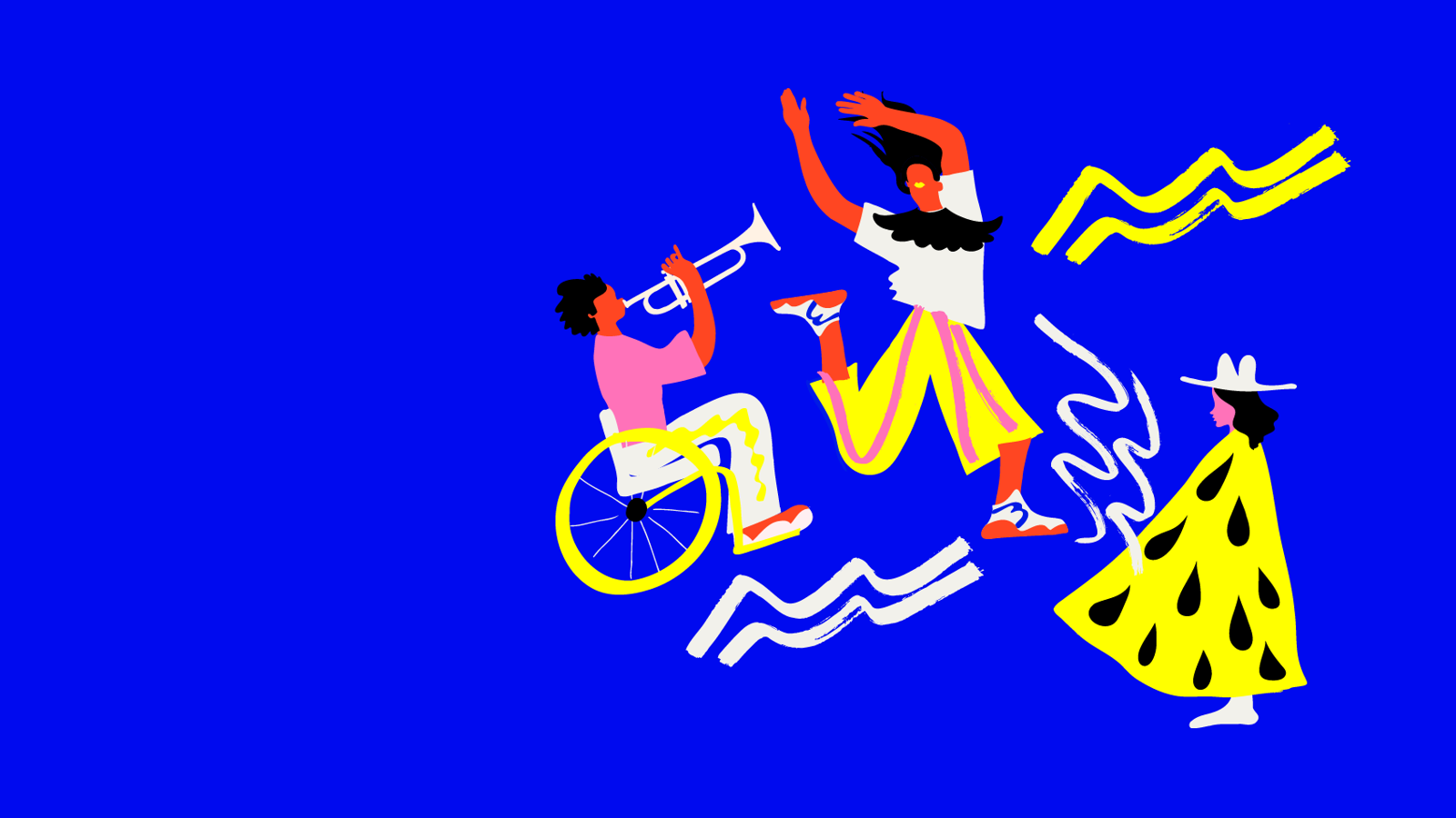 En illustration av en person som dansar, en som står och en som sitter och spelar trumpet.
