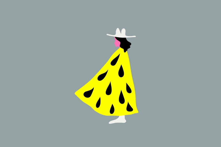 En stiliserad illustration av någon som bär en bredbrättad hatt och en lång mantel.