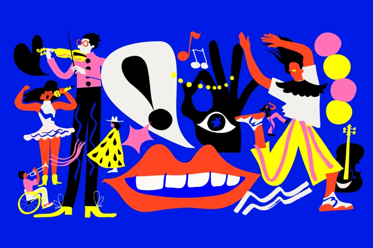 En illustration av människor som dansar, sjunger och spelar instrument.