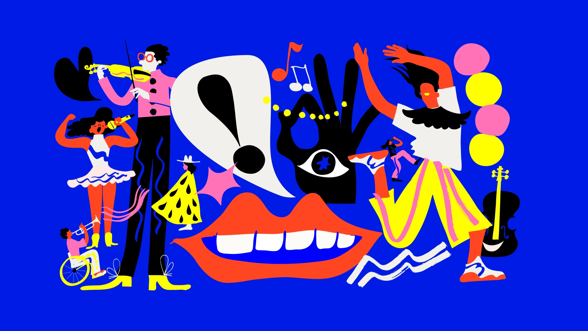 En illustration av människor som dansar, sjunger och spelar instrument.