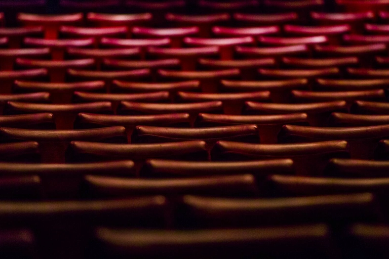 Fällstolar av röda sammet står i långa böjda rader i en stor teater auditorium.