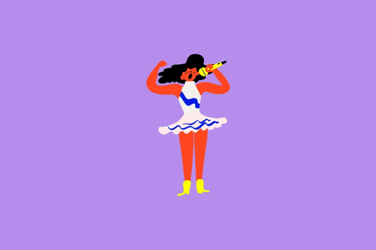 Illustration av en person som står och sjunger i en mikrofon.
