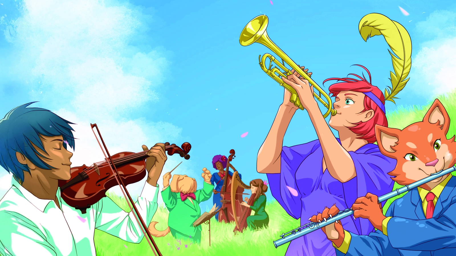Flera karaktärer illustrerade i anime-stil spelar orkesterinstrument. De står i ett gräsbevuxet fält under en blå himmel.